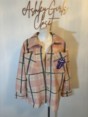the Rolling Stones Pink & Cream Plaid Utility Jacket with Purple Tongue Patch
